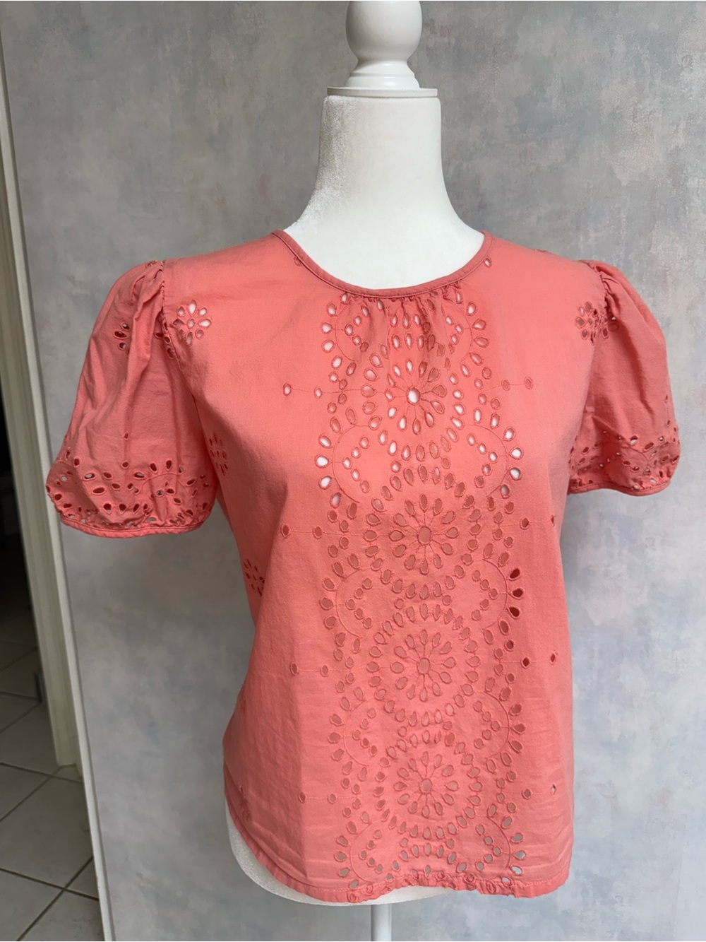 Liz PM Adorable Peach Cotton Top with Short Sleeves. Beautiful Eyelet Design.